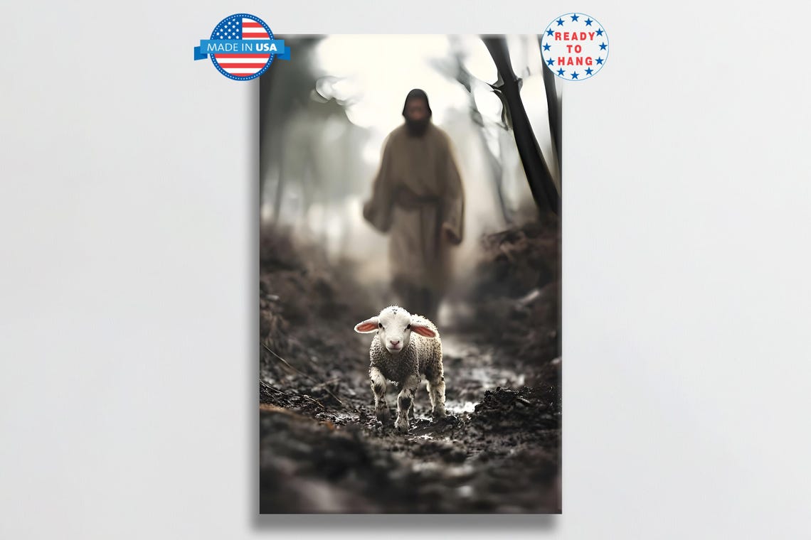 Lost Lamb On Dark Muddy Path With Shepherd Emerging Behind Poster