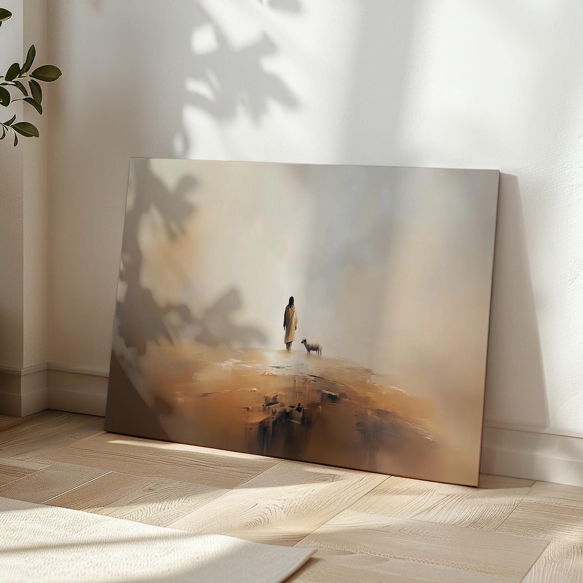 Shepherd And Lamb On Cliff Edge In Golden Fog Minimalist Poster - Image 5