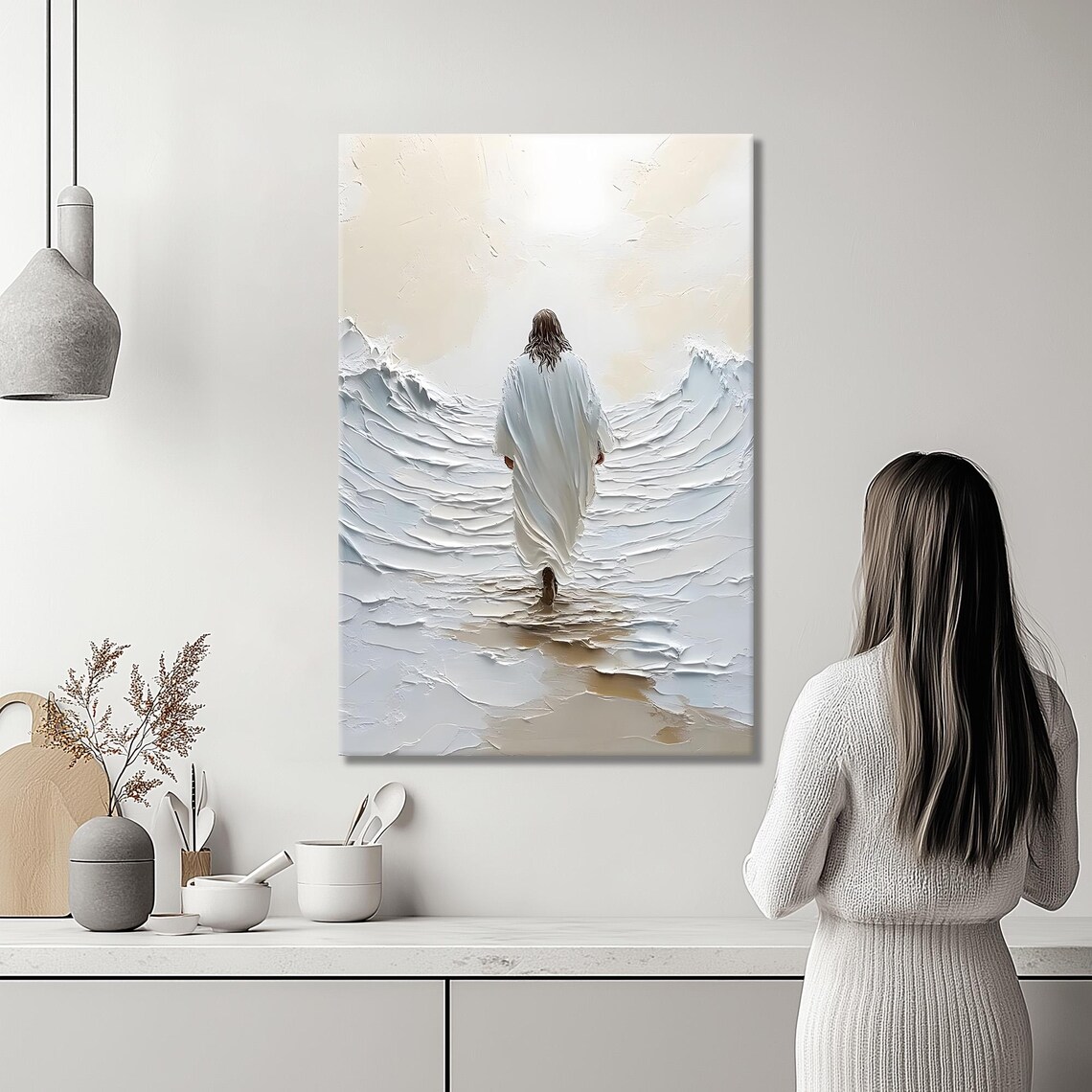 Jesus Walking Away On Water White Impasto Texture Painting Poster - Image 3