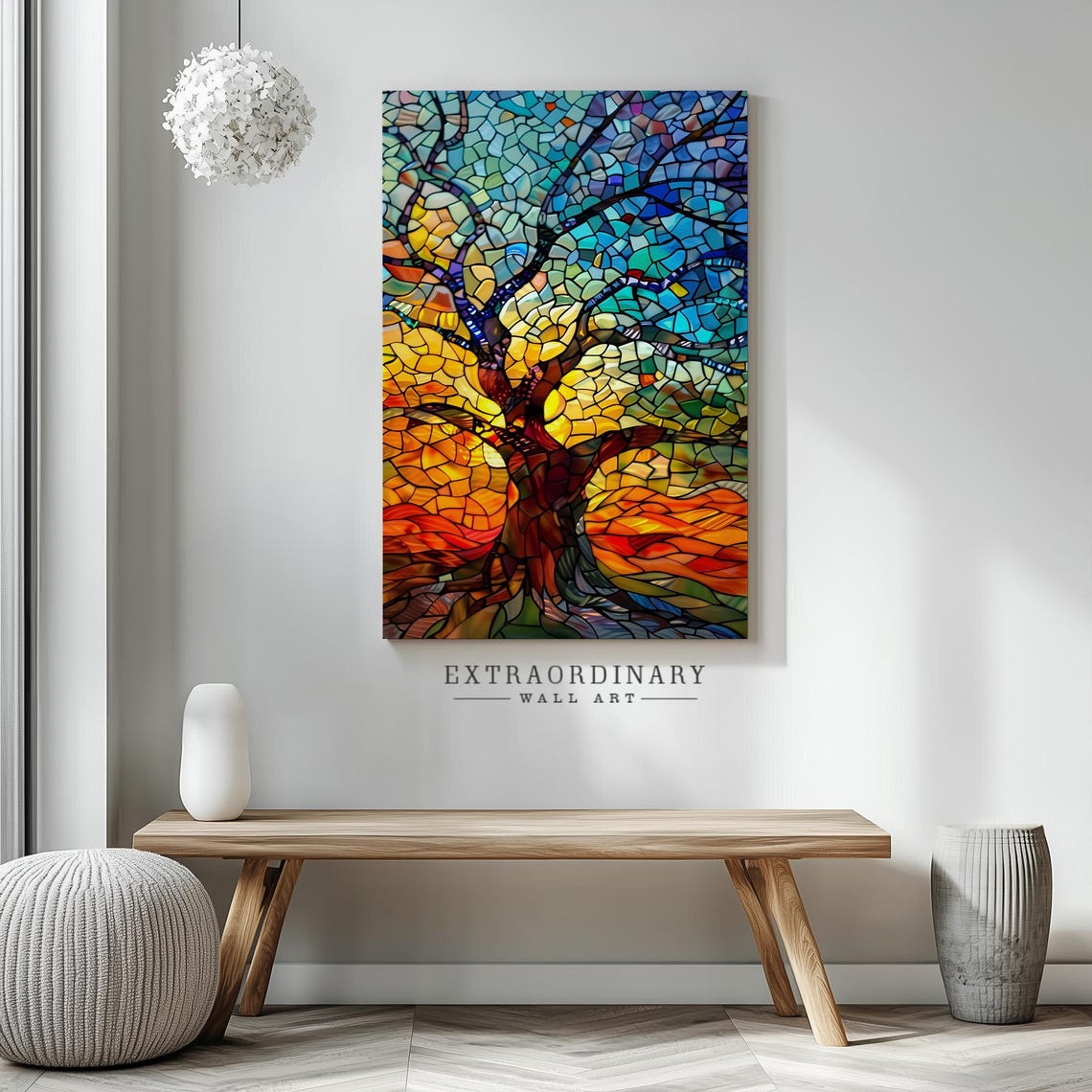 Stained Glass Mosaic Tree Of Life Sunset Colors Bedroom Wall Art - Image 3