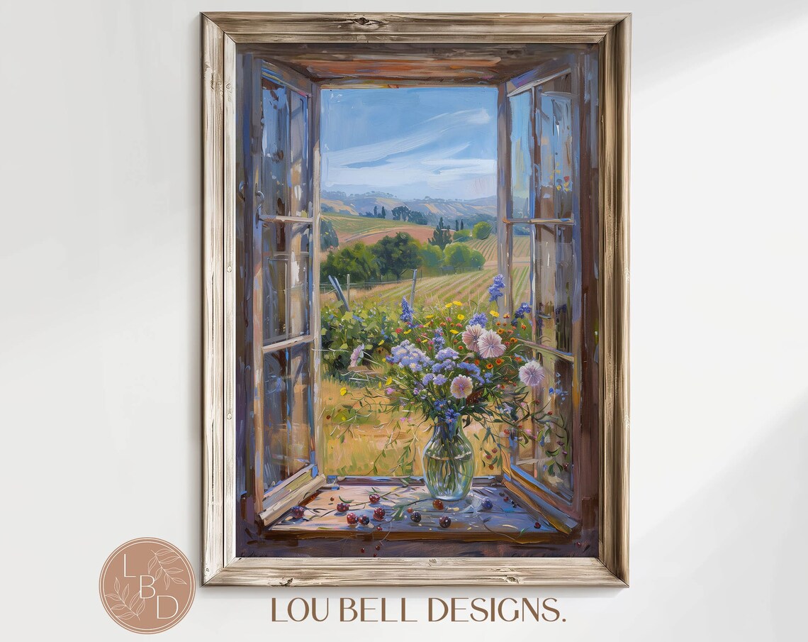 Wildflower Vase On Open Windowsill Over Vineyard Hillside View Poster