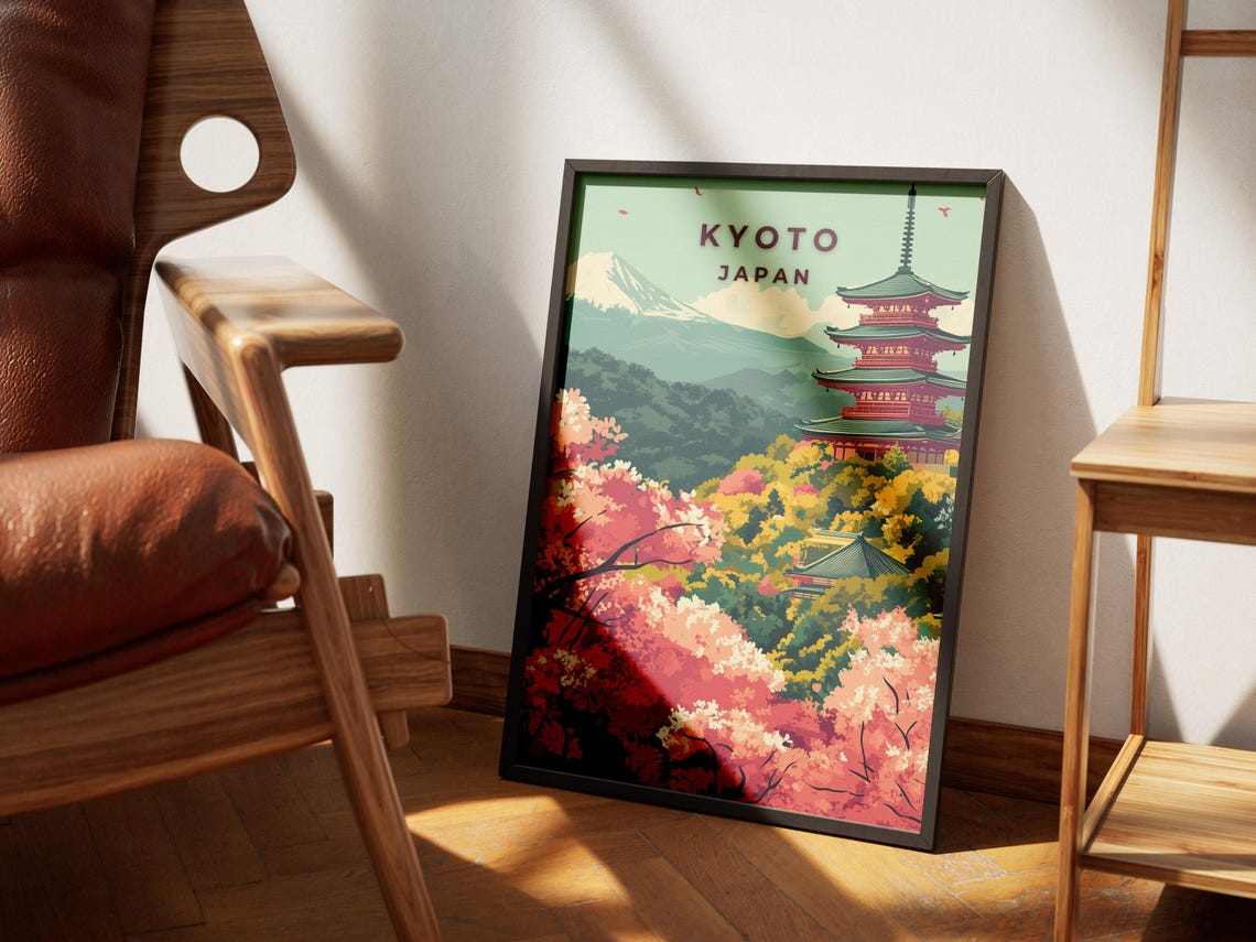 Kyoto Japan Cherry Blossom Pagoda Mount Fuji Travel Art Poster - Image 3