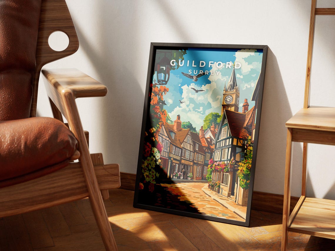 Guildford Surrey Historic High Street Clock Tower Illustration Poster - Image 4