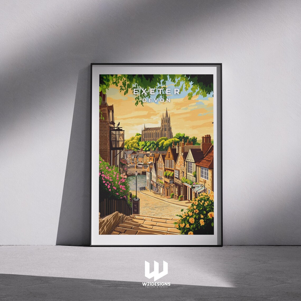 Exeter Devon Cathedral Historic Street Travel Illustration Poster