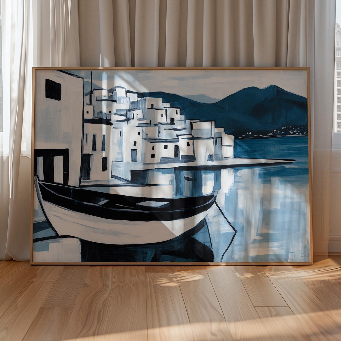 Greek Island Boat Minimalist Coastal Village Poster