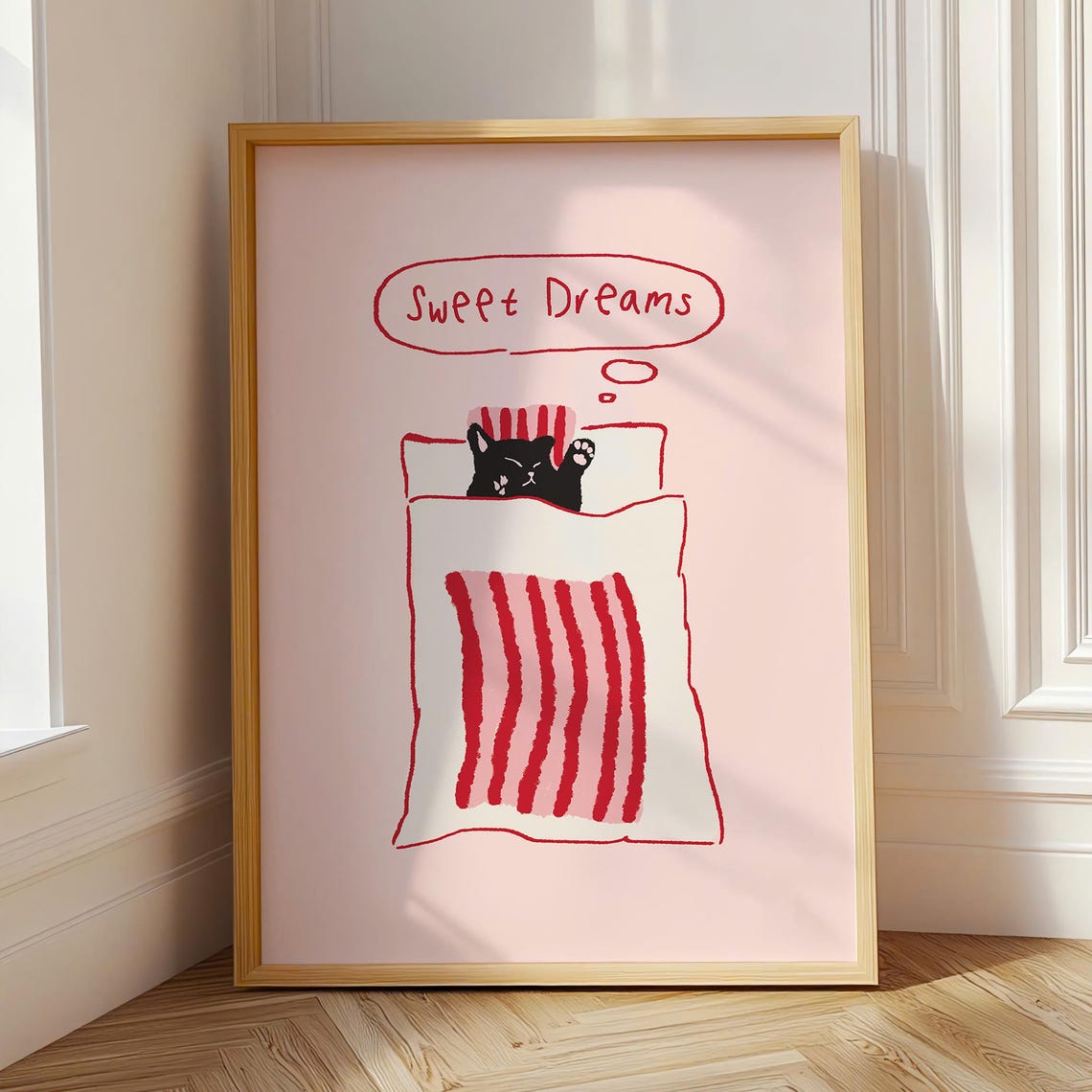 Sweet Dreams Black Cat In Bed Pink Cute Bedroom Wall Art Decor