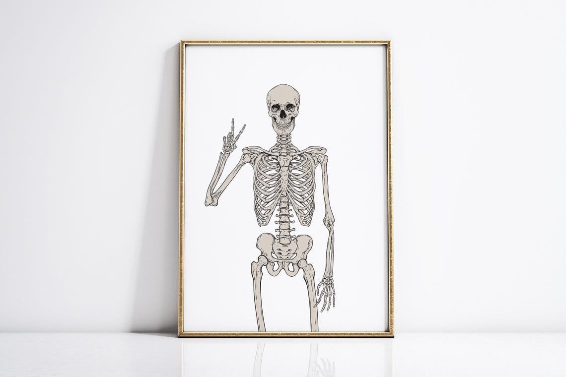 Funny Skeleton Peace Sign Halloween Minimalist White Art Poster - Image 4