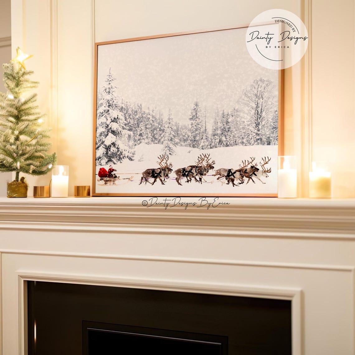 Santa Sleigh Reindeer Team Snowy Winter Forest Beautiful Poster - Image 4