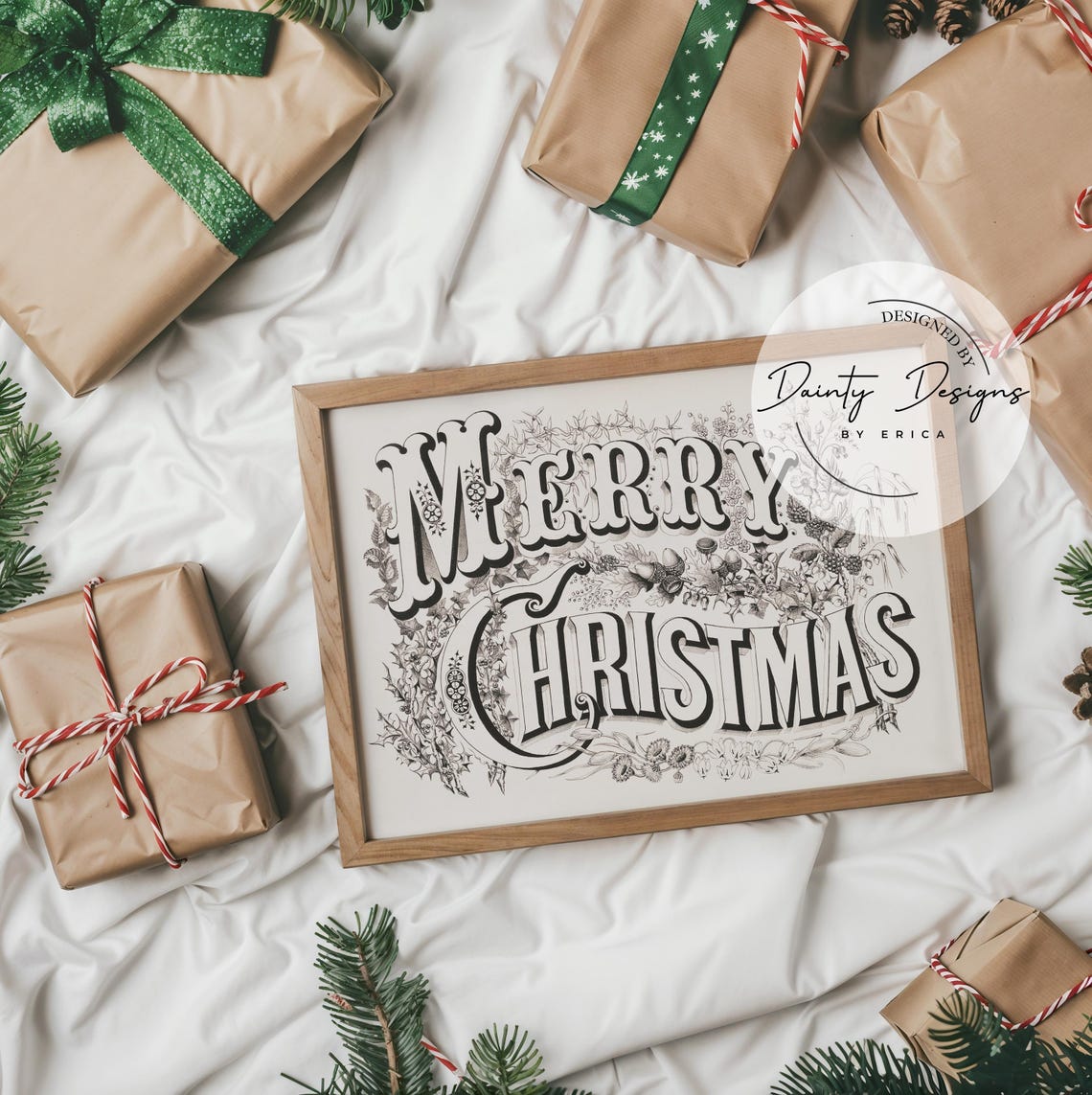 Merry Christmas Vintage Botanical Lettering Holiday Print Decor - Image 4