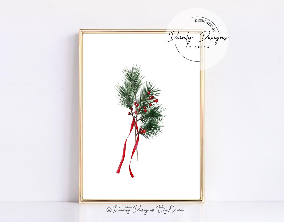 Pine Branch Watercolor Print Red Berries Ribbon Minimal Holiday Art - Image 3