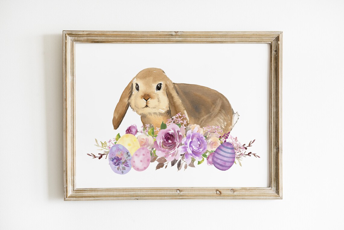 Watercolor Easter Bunny Print Lop Rabbit Purple Floral Bouquet Decor - Image 3