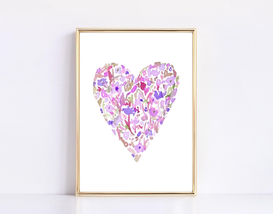 Soft Pink Purple Watercolor Floral Heart Valentines Day Art Print