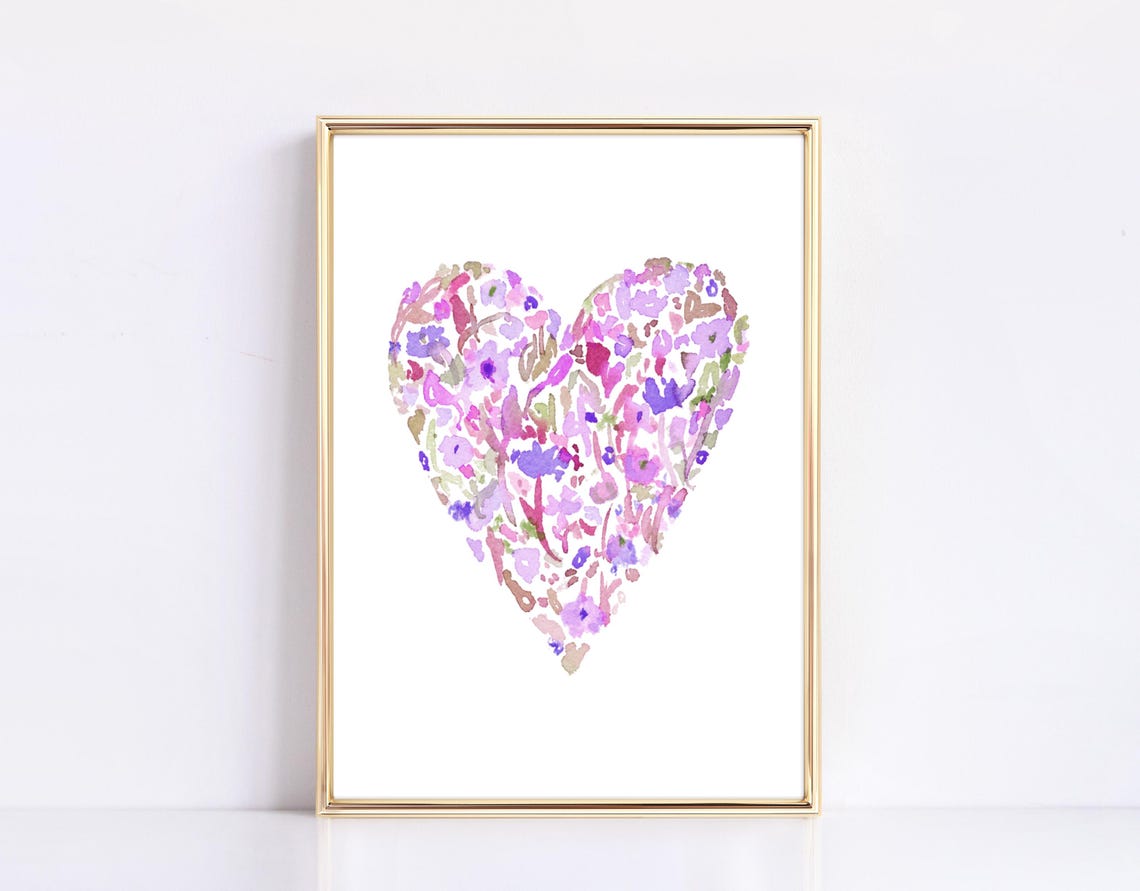 Valentines Day Wall Art Heart Print Floral Watercolor Heart Floral Heart Print Watercolor Heart Print Purple Heart Print