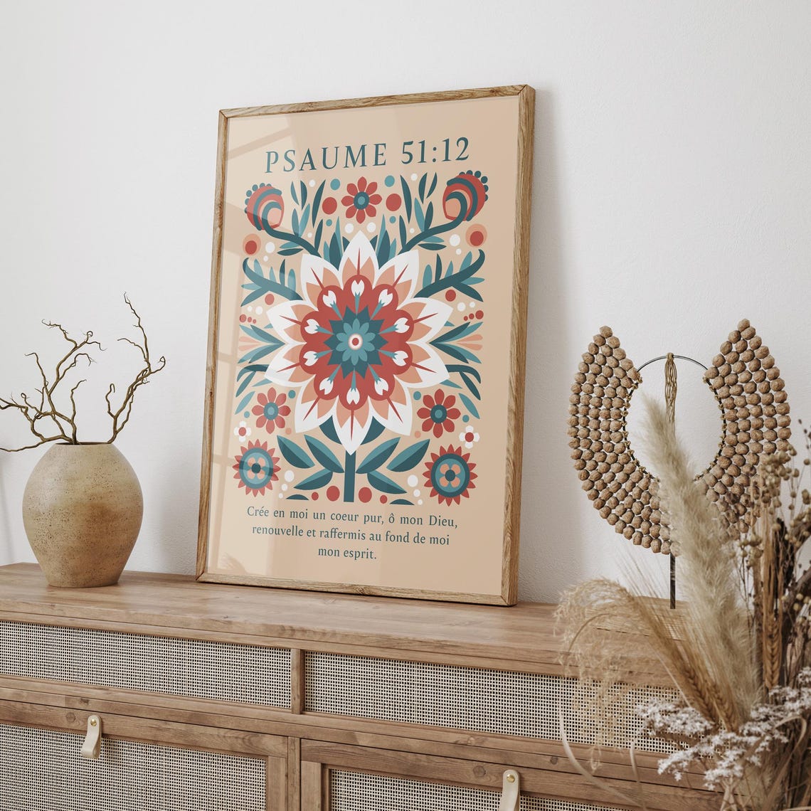 Psaume 51 12 French Psalm Folk Floral Christian Scripture Art Poster