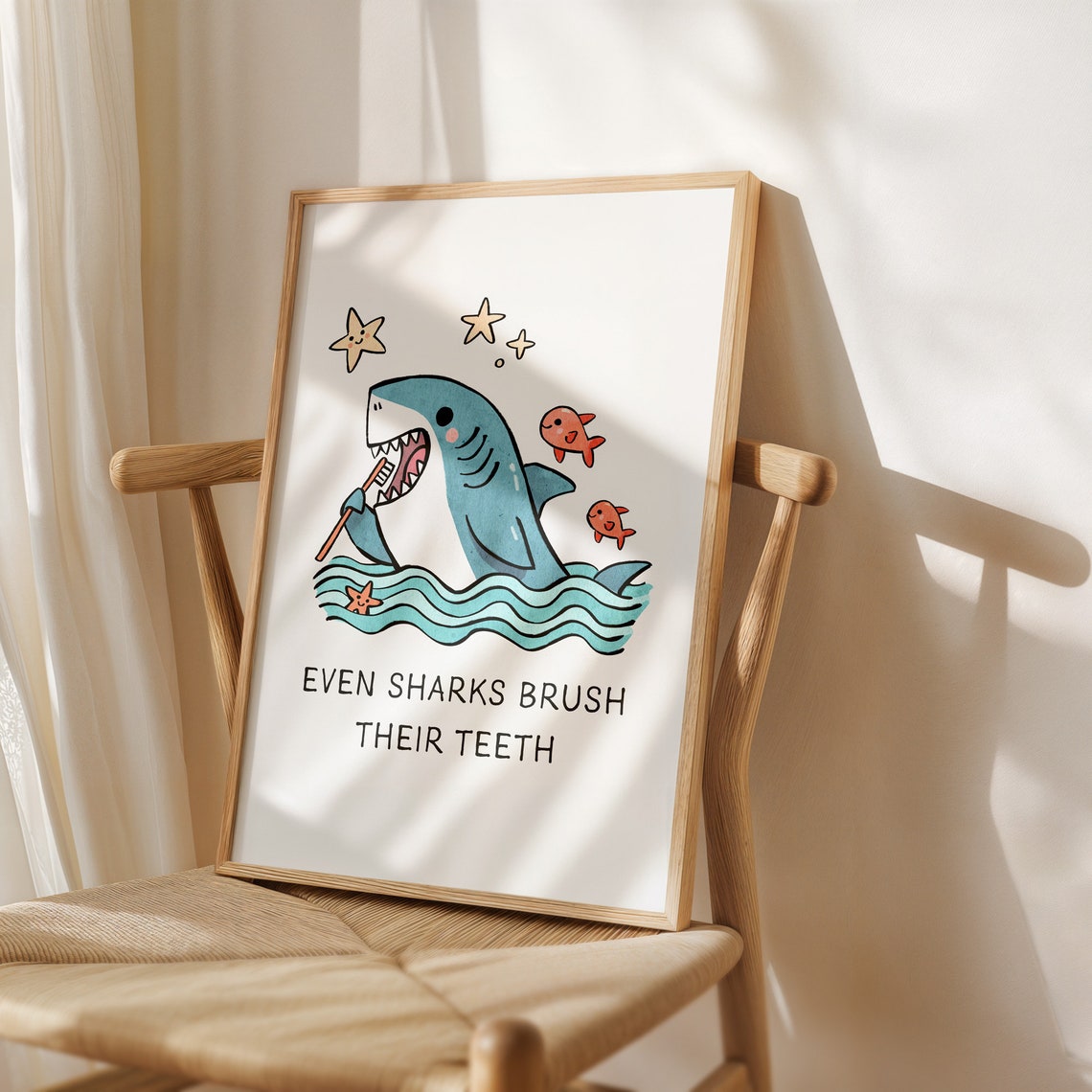 Even Sharks Brush Their Teeth Cute Shark Kids Bathroom Art Poster - Image 4