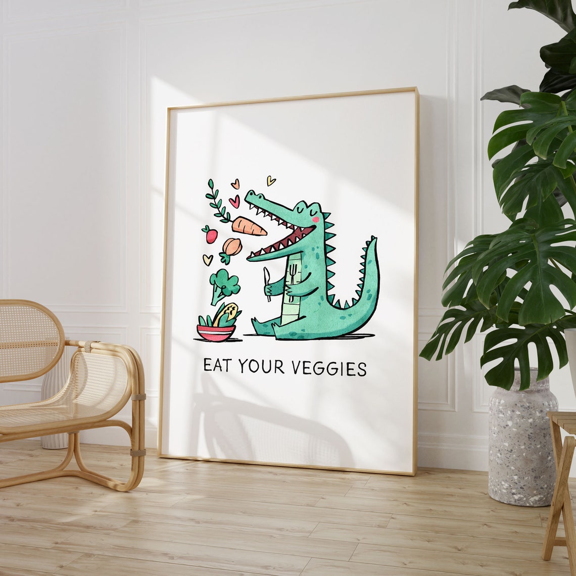 Eat Your Veggies Cute Crocodile Cartoon Kids Kitchen Decor Poster - Image 2