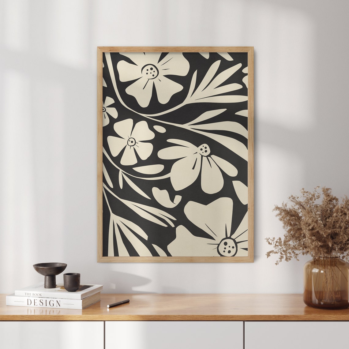 Bold Black Botanical Cream Flowers On Black Floral Wall Poster - Image 4