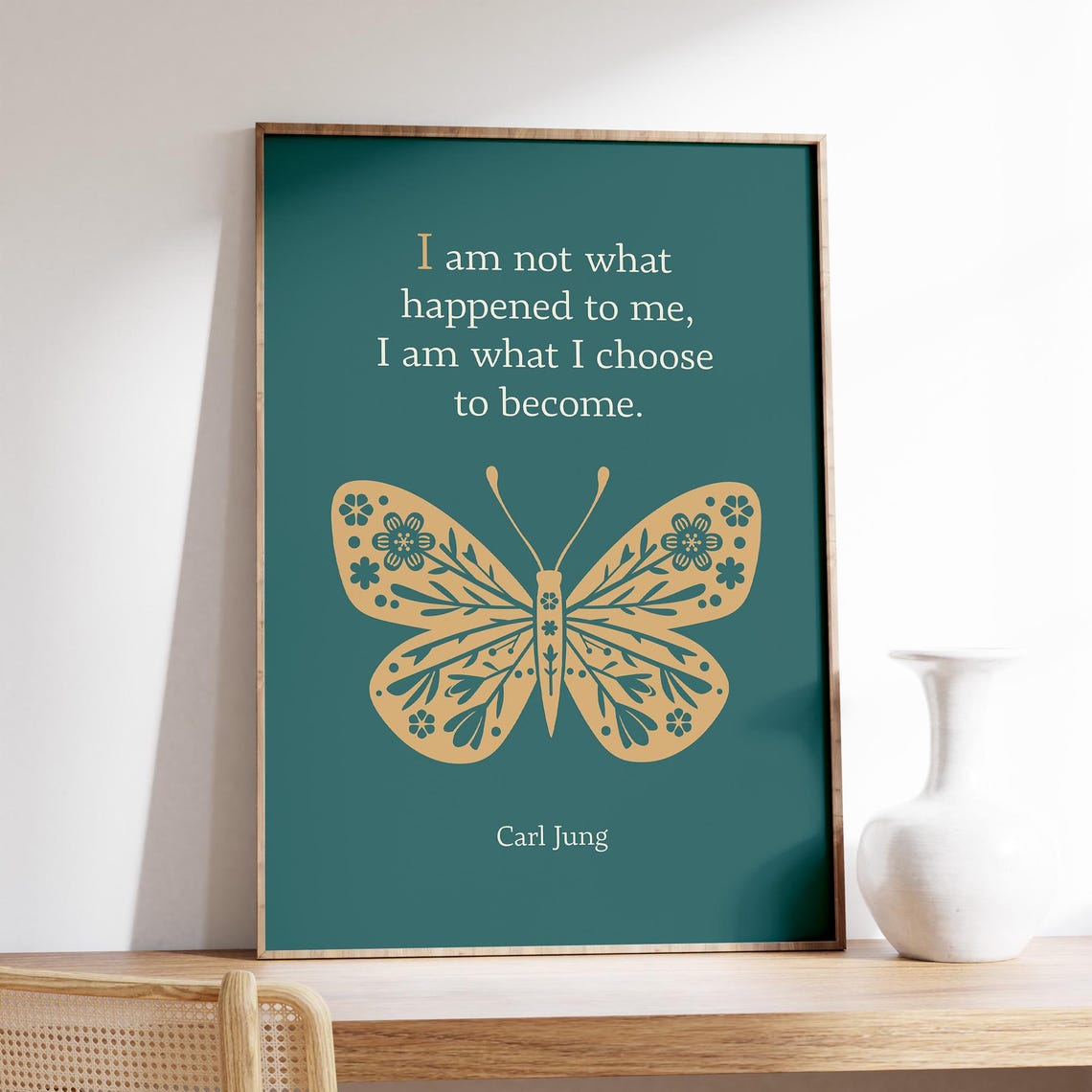 Carl Jung Become Quote Gold Butterfly Teal Therapy Office Art Poster - Image 5