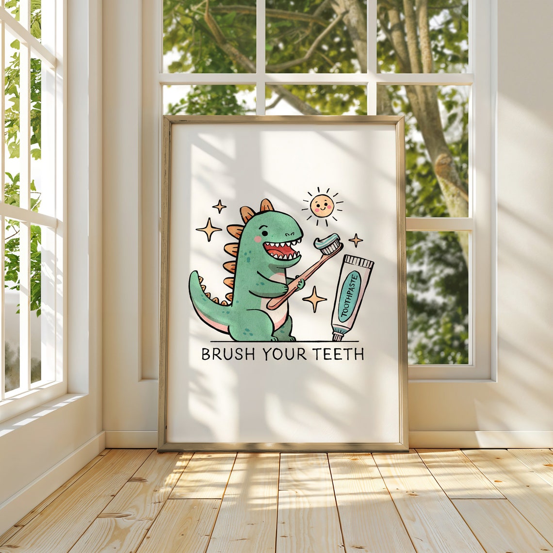 Brush Your Teeth Cute Dinosaur Toothbrush Kids Bathroom Art Poster - Image 2