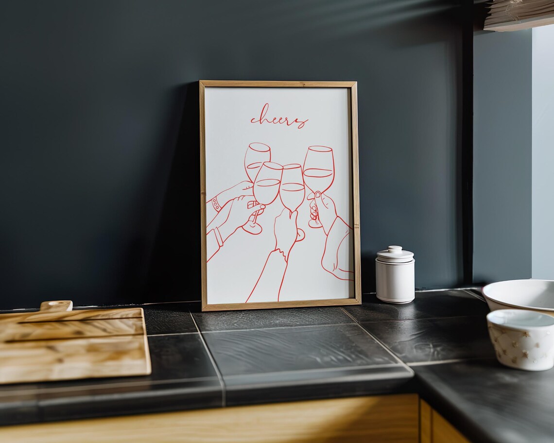 Cheers Wine Glasses Red Line Art Minimalist Kitchen Bar Poster - Image 7