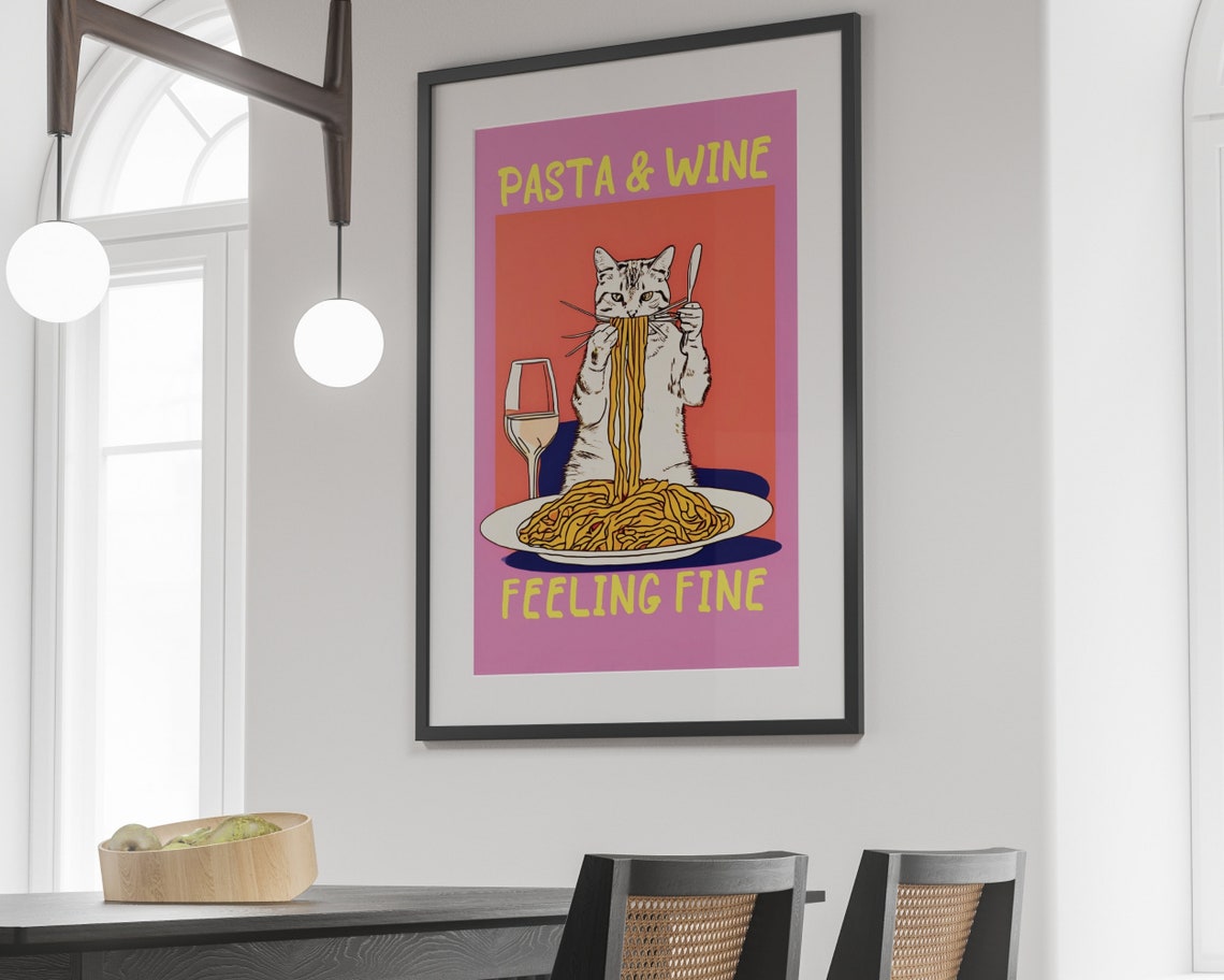 Pasta and Wine Feeling Fine Cat Spaghetti Fun Kitchen Art Poster - Image 5