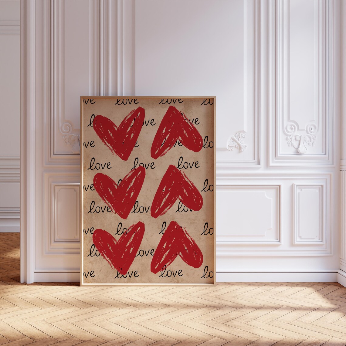 Love You Red Brushstroke Hearts Kraft Paper Retro Love Poster - Image 6