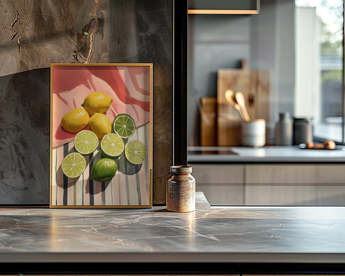 Lemons Limes Still Life Striped Cloth Kitchen Fruit Art Poster - Image 6