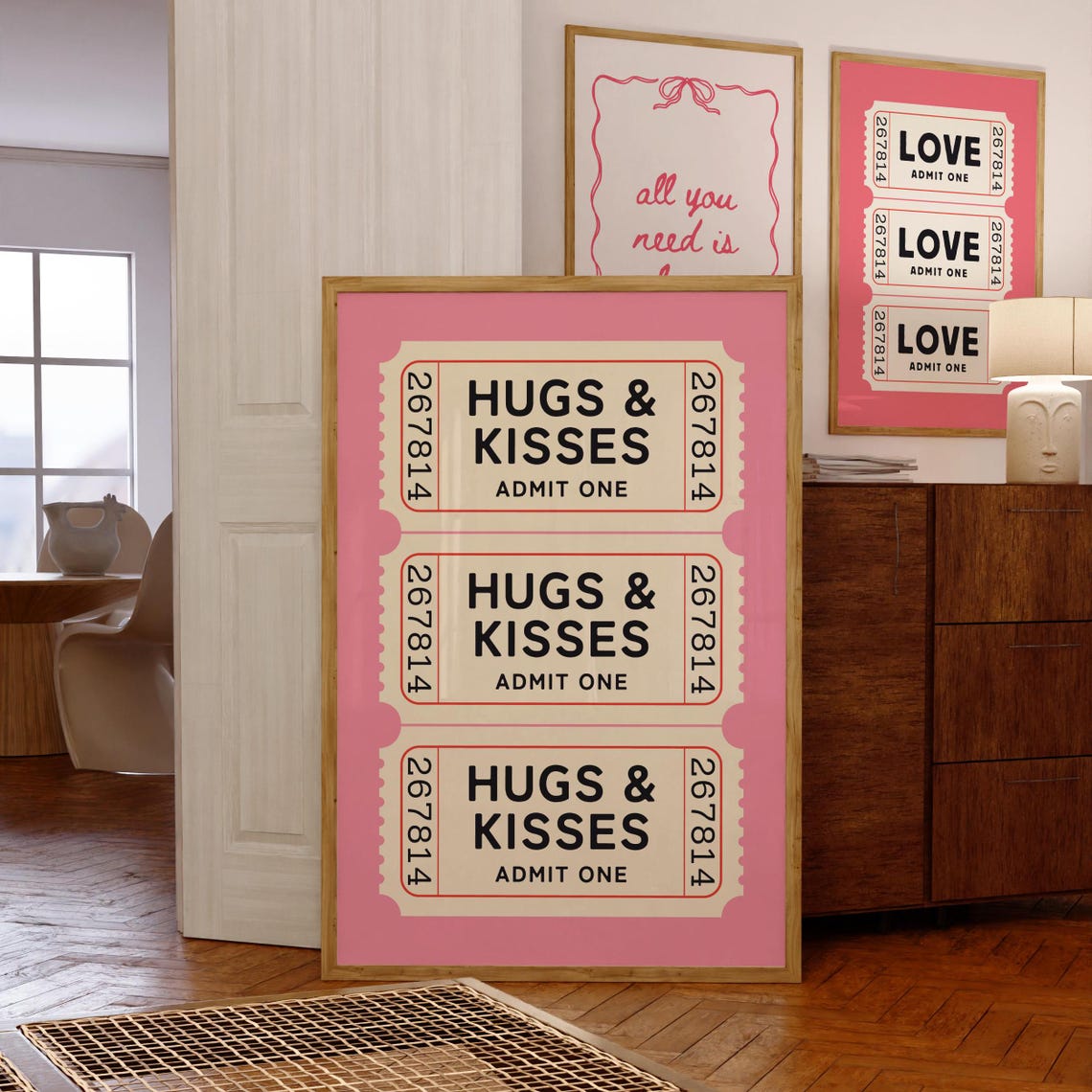Hugs And Kisses Admit One Pink Ticket Stub Trio Cute Love Poster - Image 7