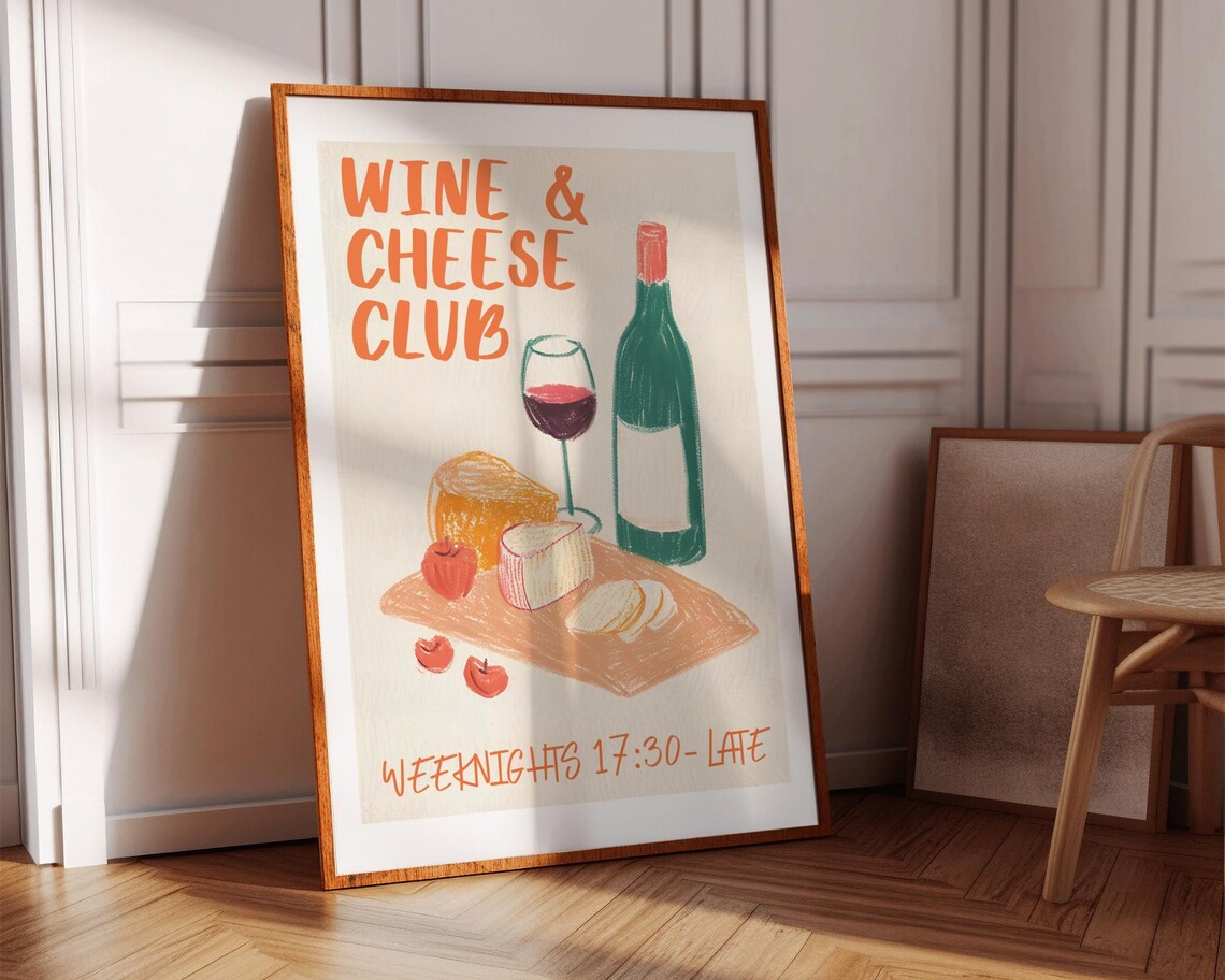 Wine and Cheese Club Retro Kitchen Art Print - Image 4