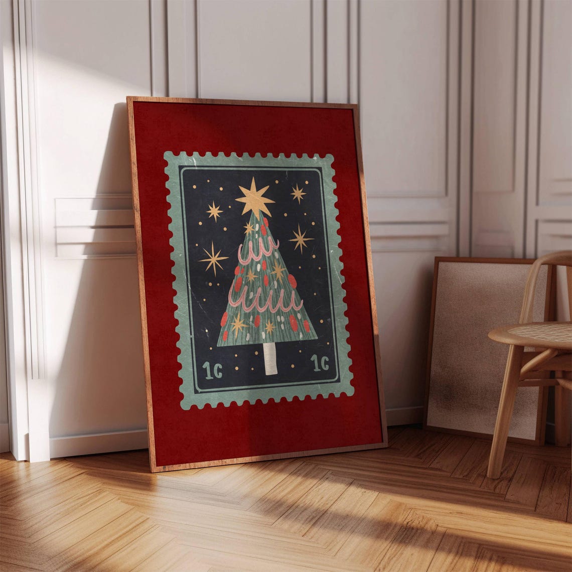 Vintage Christmas Tree Postage Stamp Art Red Retro Holiday Poster - Image 5