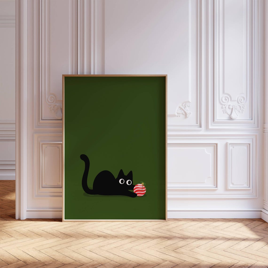 Christmas Cat Black Cat Plays Ornament Green Funny Holiday Poster - Image 8