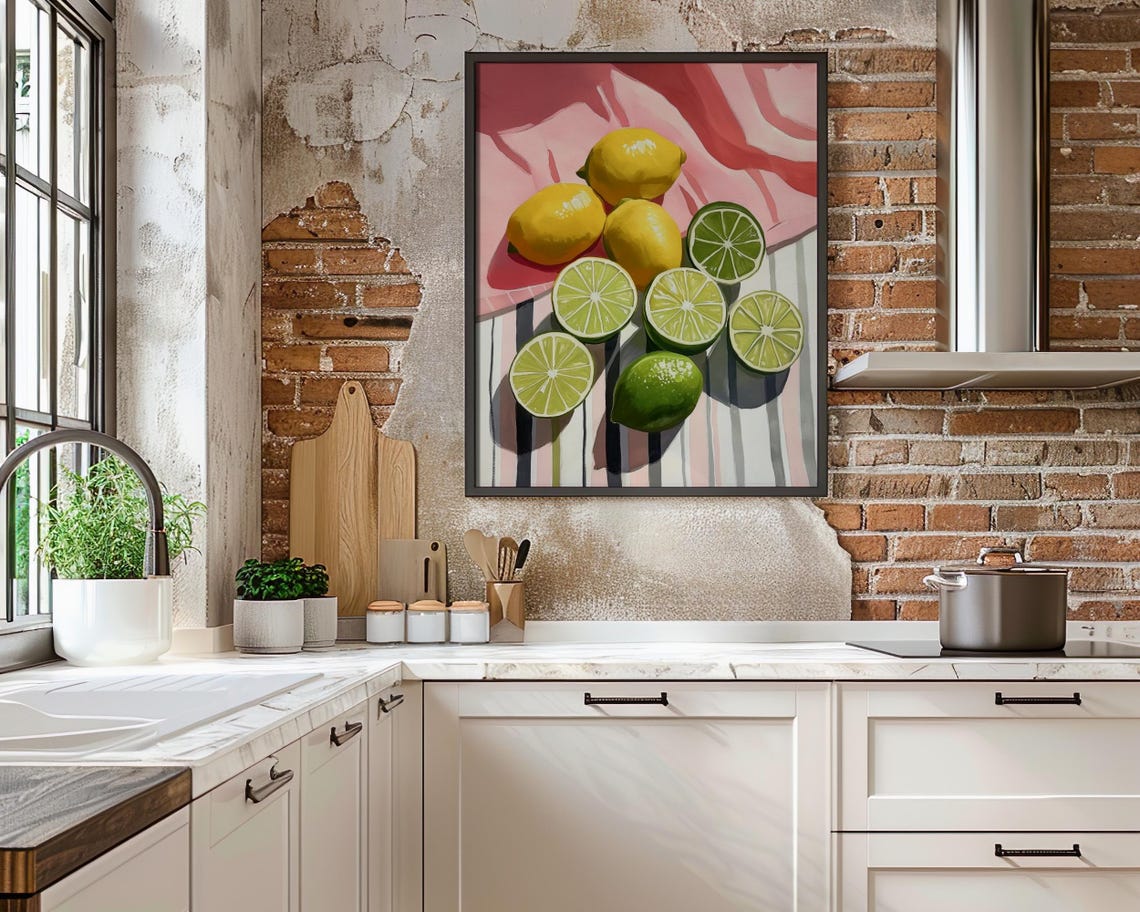 Lemons Limes Still Life Striped Cloth Kitchen Fruit Art Poster - Image 3