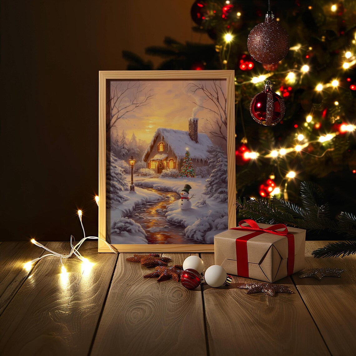 Snowy Christmas Cabin Winter Sunset Snowman Cozy Holiday Art Poster - Image 6