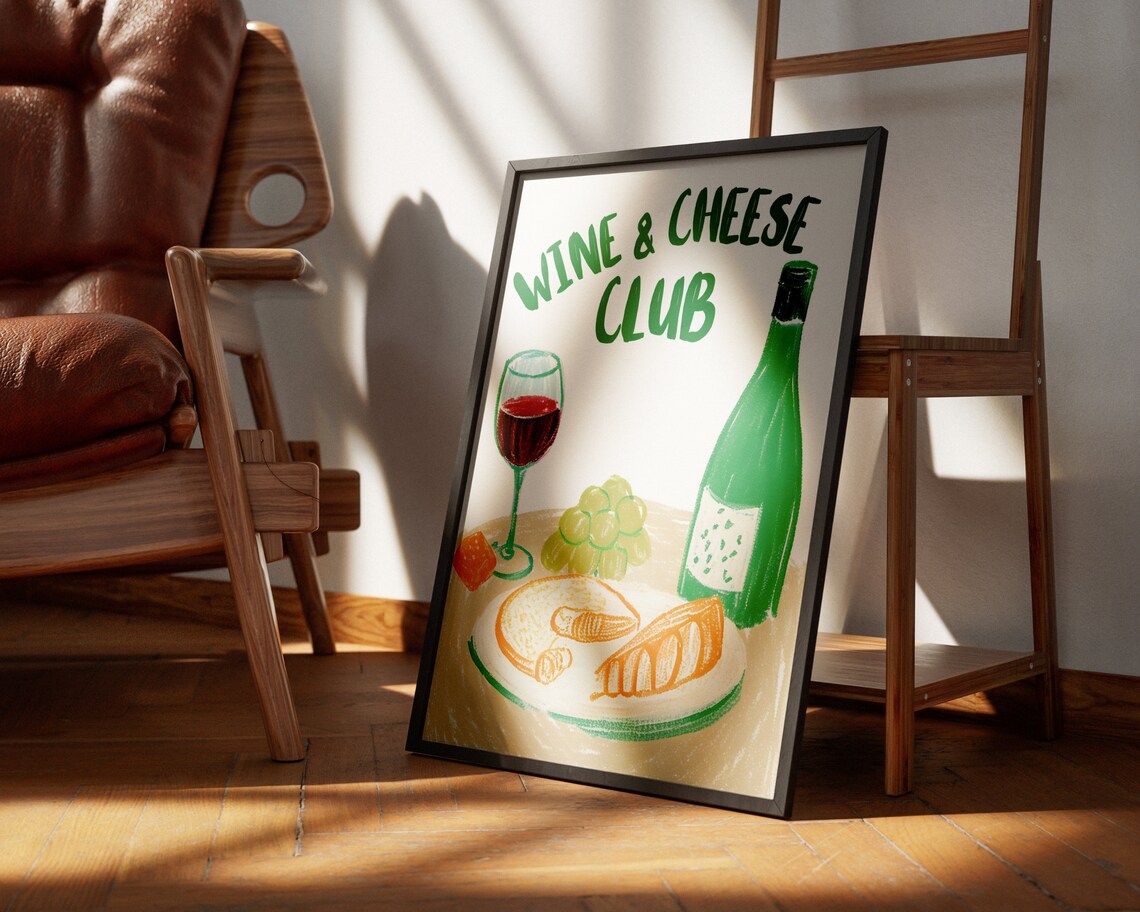 Wine and Cheese Club Green Illustration Kitchen Dining Art Poster - Image 5