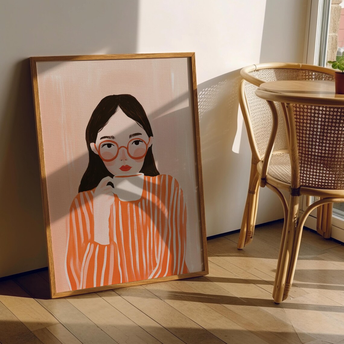 Abstract People Woman Drinking Coffee, Contemporary Art - Image 2