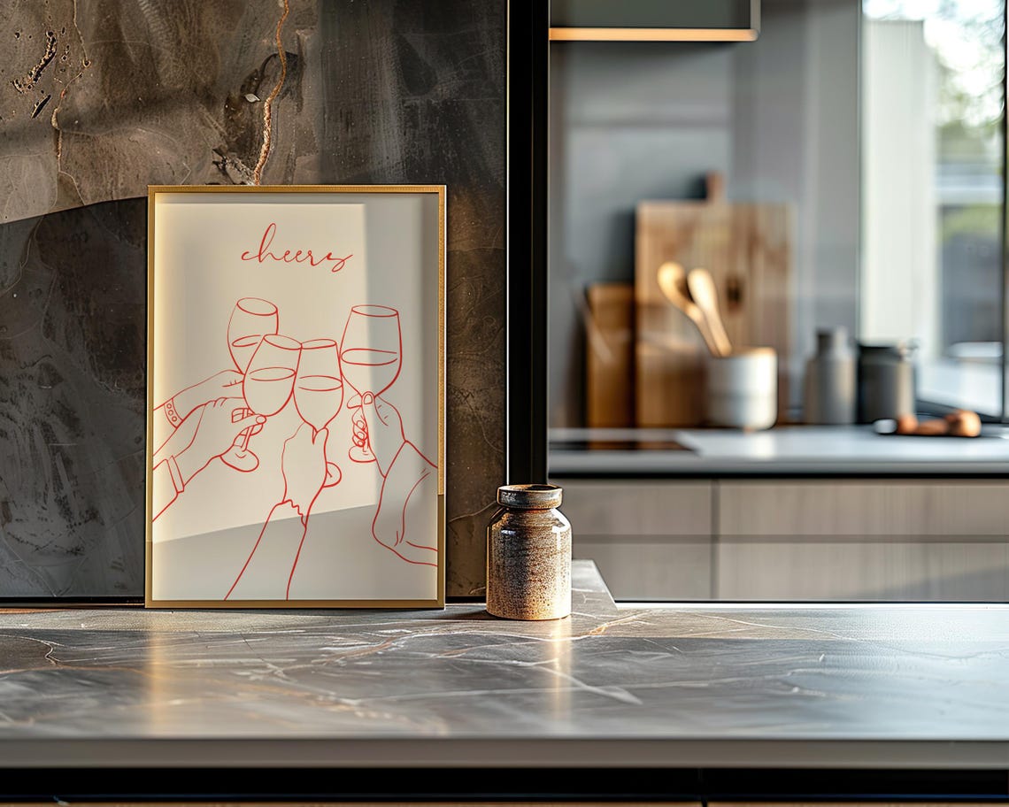 Cheers Wine Glasses Red Line Art Minimalist Kitchen Bar Poster - Image 4