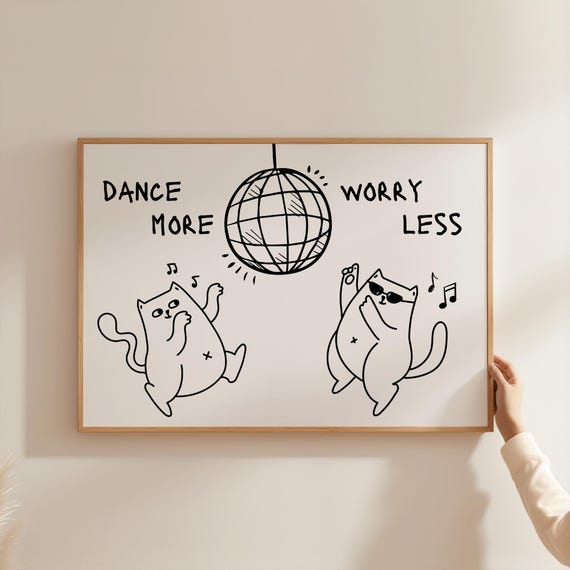 Disco Dancing Cats Wall Art Retro Hand Drawn Wall Art Funny Cat Poster Cute Disco Ball Print Funky Wall Art Trendy Wall Art