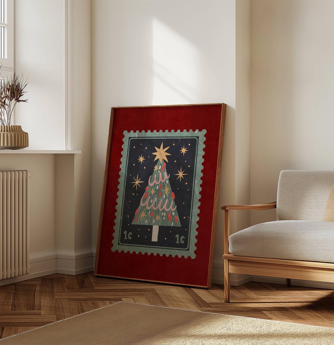 Vintage Christmas Tree Postage Stamp Art Red Retro Holiday Poster - Image 7