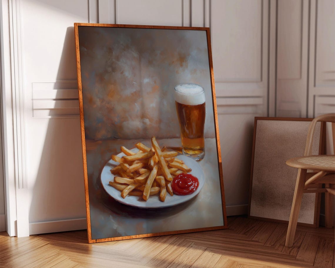 French Fries Beer Ketchup Oil Painting Style Food Still Life Poster - Image 5
