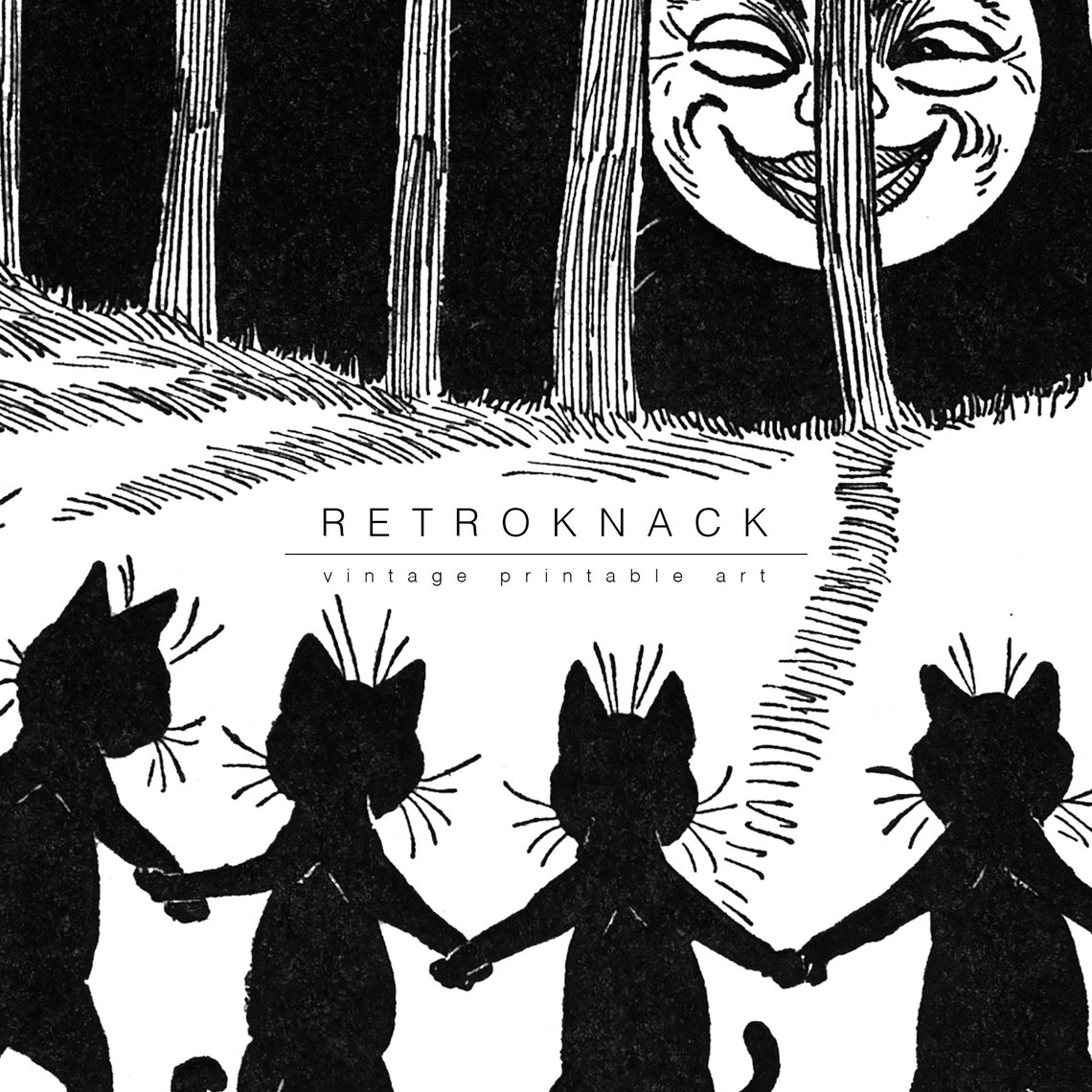 Louis Wain The Wink Six Black Cats Dancing in Snow Moonlight Cat Print - Image 2