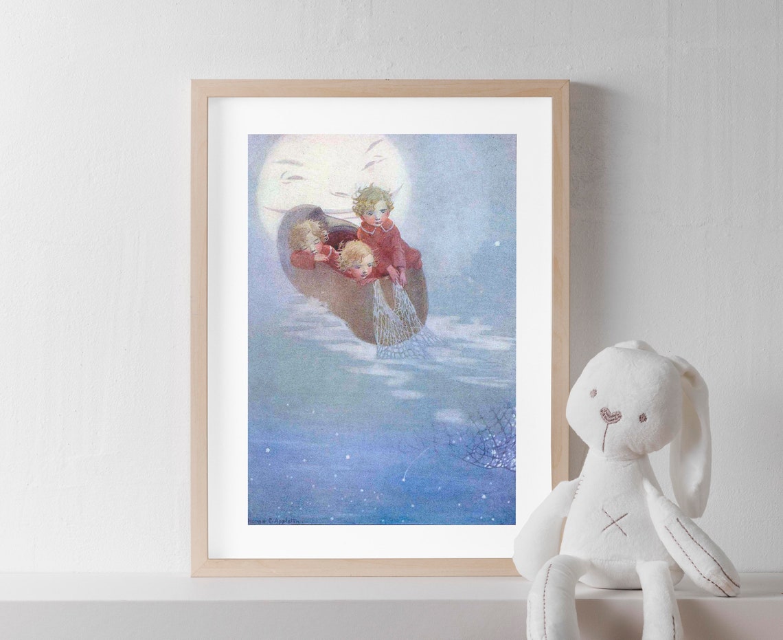 Moonlit Children In Shoe Boat Vintage Nursery Rhyme Art Poster - Image 3