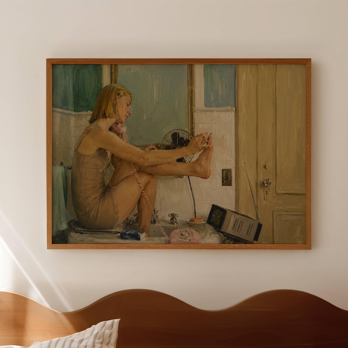 Vintage Oil Painting Woman Painting Toenails Retro Bathroom Scene Poster