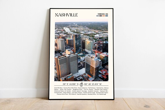 Nashville Tennessee Skyline Aerial View Photo Travel Poster With Landmarks List