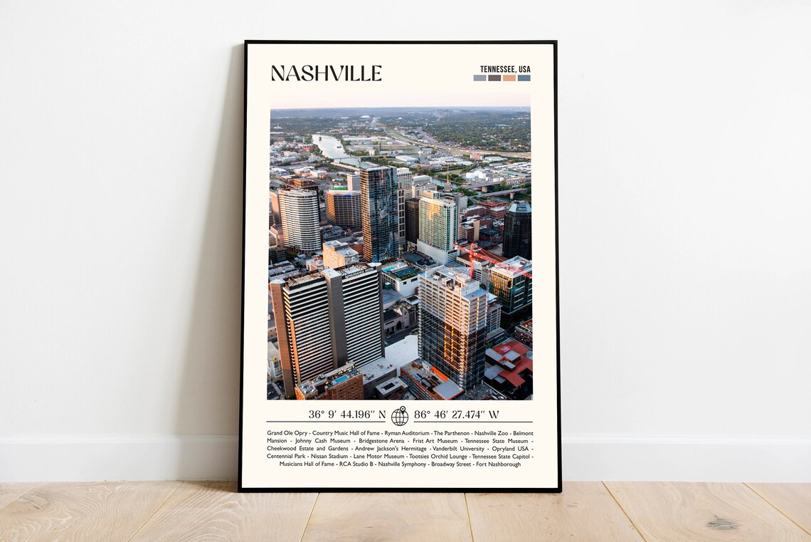 Nashville Tennessee Skyline Aerial View Photo Travel Poster With Landmarks List