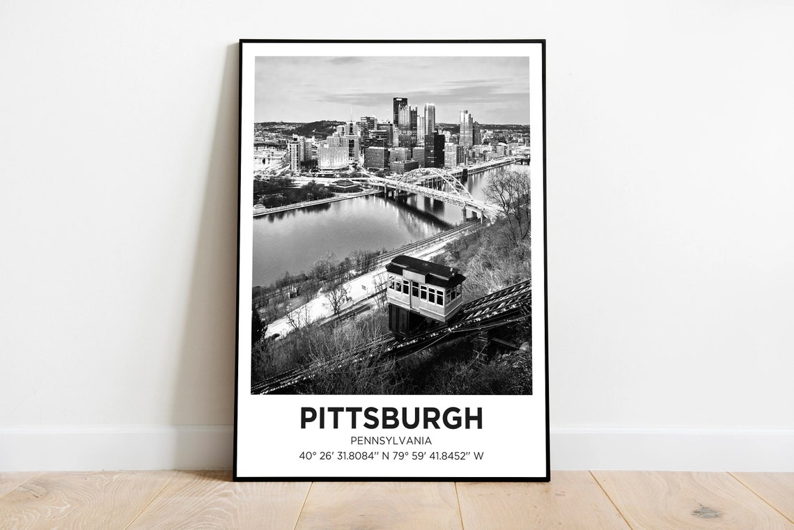 Pittsburgh Pennsylvania Black And White Incline Skyline Travel Poster