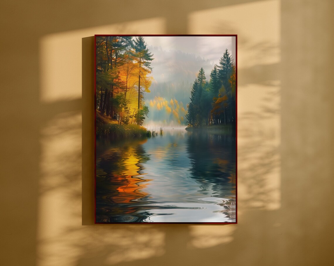 Misty Autumn Lake Between Pine Forests Calm Nature Art Poster