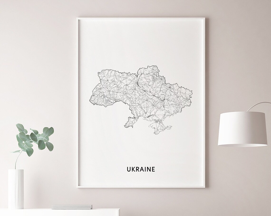 Ukraine Map Print, Black White Minimalist Modern
