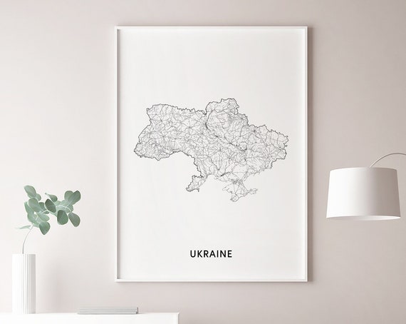 Ukraine Map Print, Black White Minimalist Modern