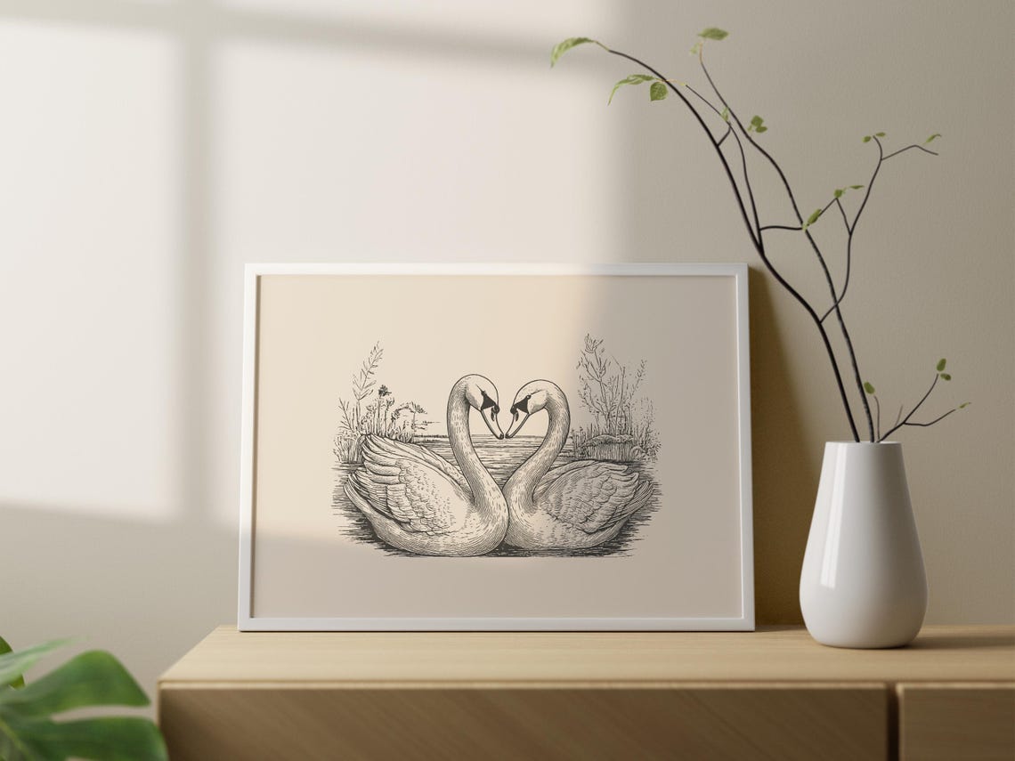 Two Swans Facing Heart Formation Vintage Engraving Love Art Poster - Image 3