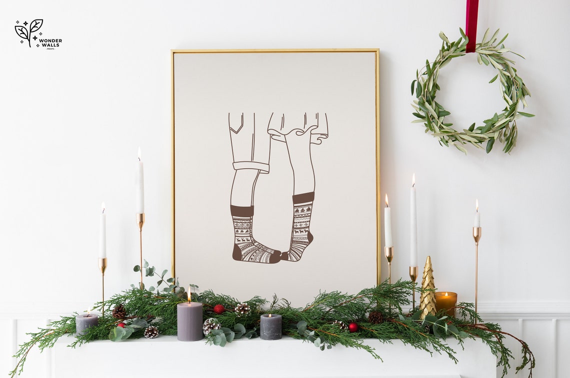 Couple Feet Touching Christmas Socks Minimal Line Art Romantic Poster - Image 5